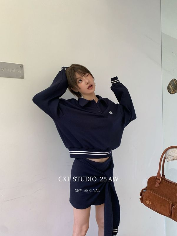 CXI 柏林少女polo领上衣半身裙两件套针织套装休闲宽松卫衣短裙|undefined