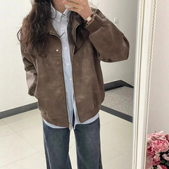 美式复古棕色翻领外套女春秋款2025仿麂皮绒PU高级情侣夹克上衣