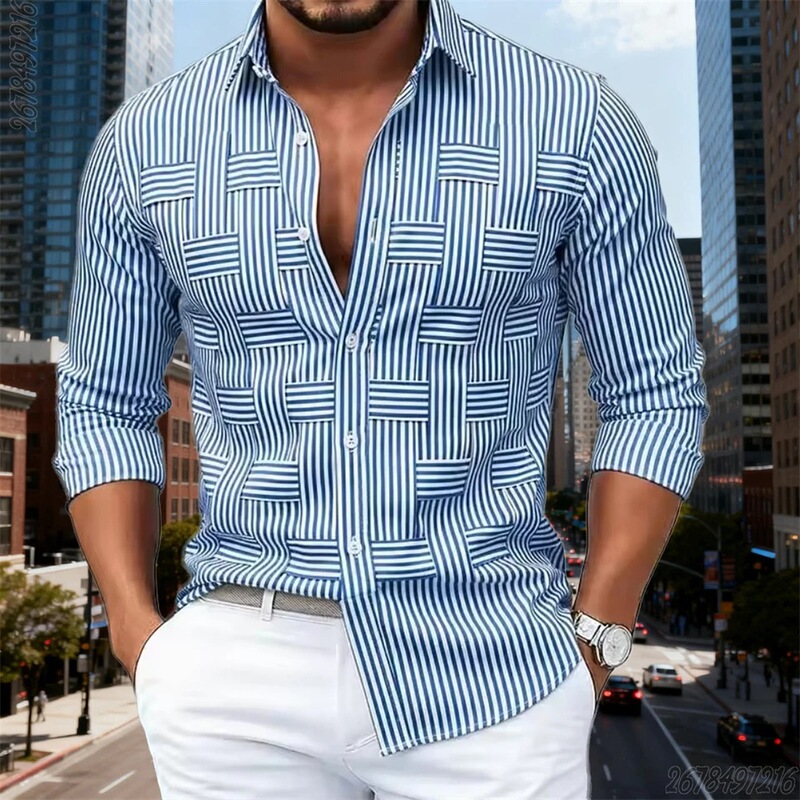 Cross-Border Amazon Independent Site Men's Shirt, Fashionable Blue and White Striped Long-Sleeve High-Quality Wrinkle-Resistant Non-Iron Top