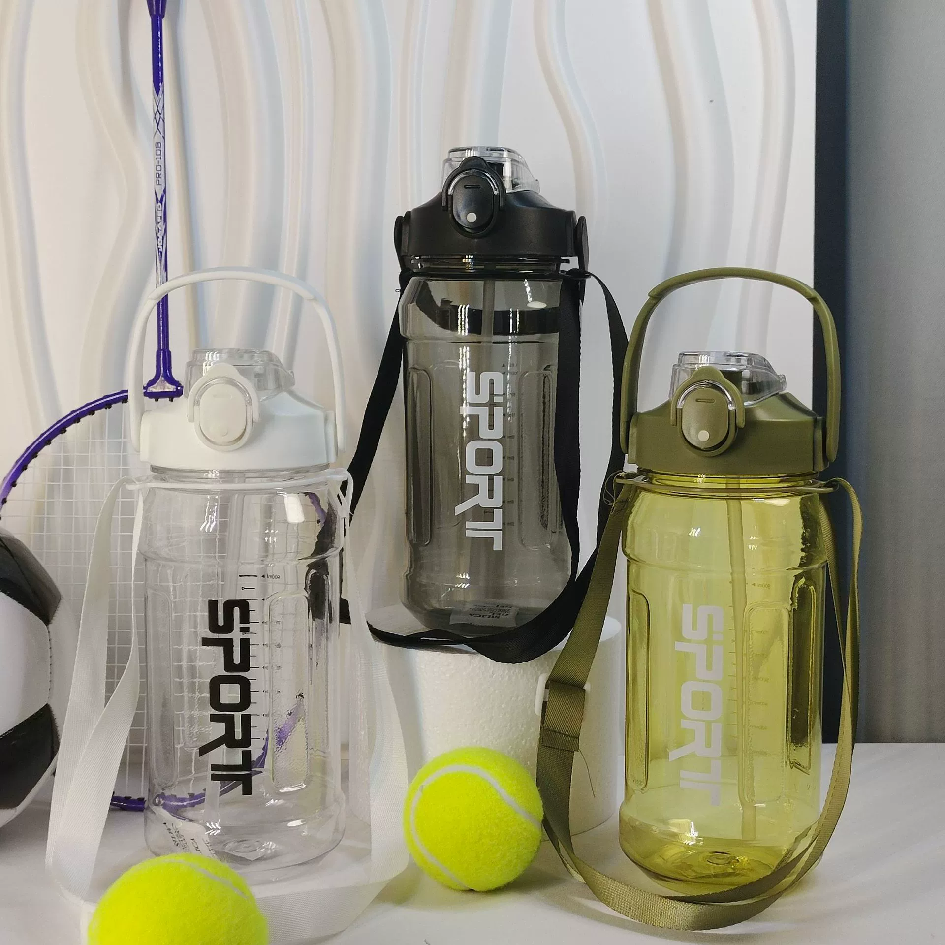 Capacious travel summer sports bottle with glass, space straw for gym, sports glass