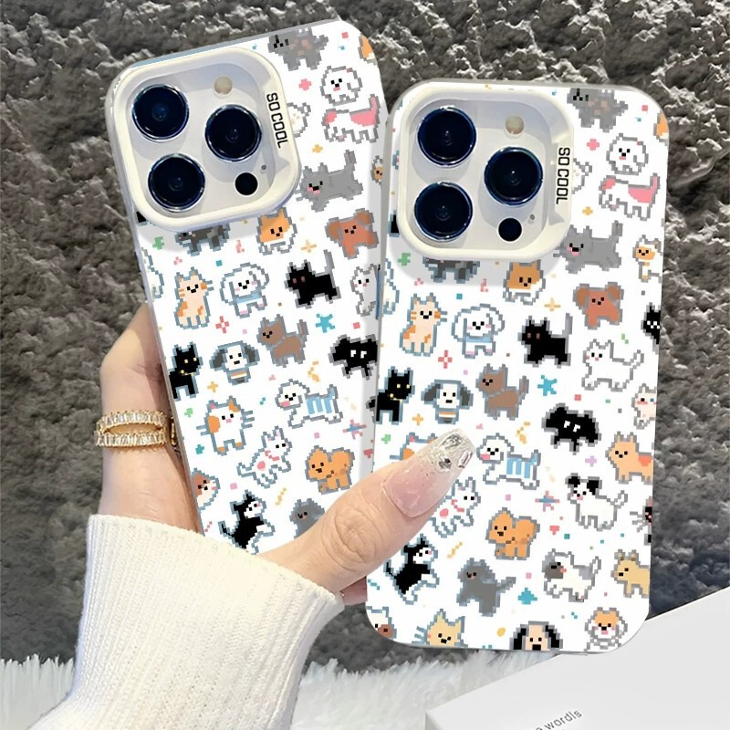 Pixel Cat and Dog Colorful Silver Case IMD Electroplated Matte Cute Cartoon Full Protection Anti-drop Phone Case for Apple 16 Pixel Cat and Dog Colorful Silver Case IMD Electroplated Matte Cute Cartoon Full Protection Anti-drop Phone Case for Apple 16