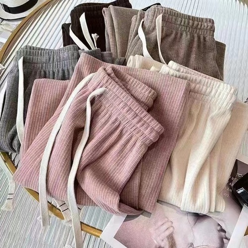 Spring Comfort Cashmere-like Straight Leg Wide Leg Strolling Pants for Women, Hong Kong Style, Elastic Drawstring Long Pants, Casual Floor-Length Pants
