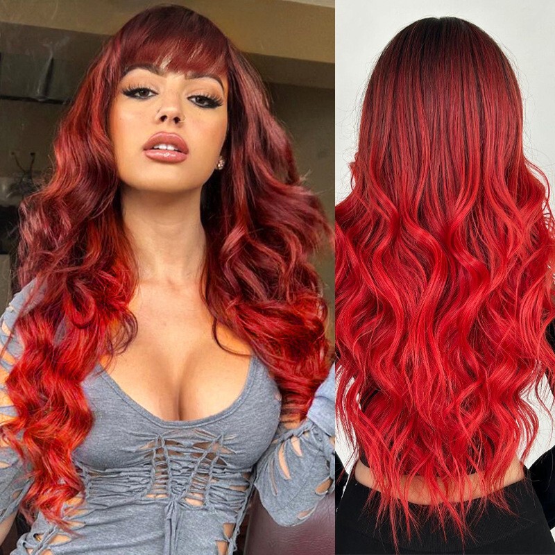 Wig for Women, Full Head Cover, Gorgeous Black Gradient to Red with Bangs, Airy Long Wavy Hair, Xuchang in Stock