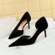 1363-A6 Fashion Simple Banquet Women's Shoes Thin Heel High Heel Shallow Notch Pointed Side Cut West Velvet Single Shoes