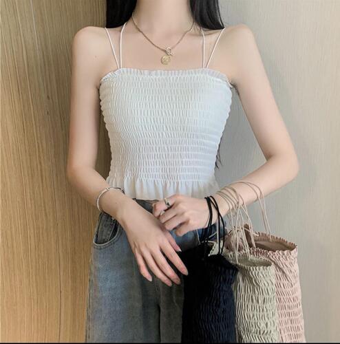 Ice silk beautiful back camisole for women with breast pads for outer wear double shoulder straps pleated mid-length solid color bottoming tube top underwear