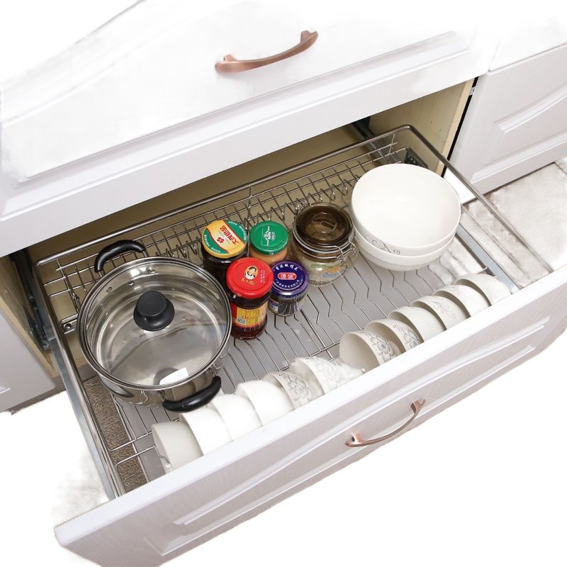 Cesta de tiro 304 Gabinete de amortiguación de amortiguación sólida de acero inoxidable Cajón azul Rack de tazón Platos de doble capa Tazón de cocina Cesta de tiro