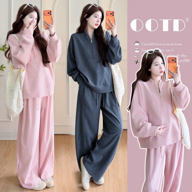 New autumn and winter collection of maternity wear: casual and fashionable zip-up sweatshirts with stand-up collars, plus-size options, loose-fitting wide-leg pants, and trendy sportswear sets for stylish moms