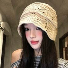 日系钩花镂空针织毛线帽女冬氛围感保暖护耳包头帽子大头围水桶帽