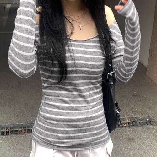 Women's slimming and figure-flattering black and white striped long sleeve t-shirt with one-shoulder neckline, new autumn style basic top