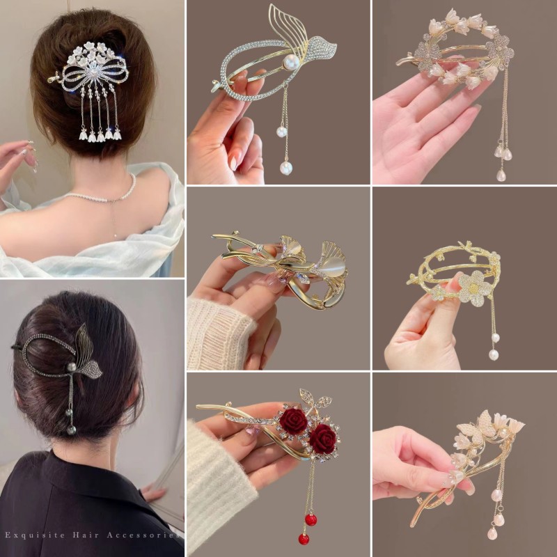 Pearl Diamond-embedded hairpin female word clip five-petal flower pendant back head updo hair clip toothed twisted hairpin headdress