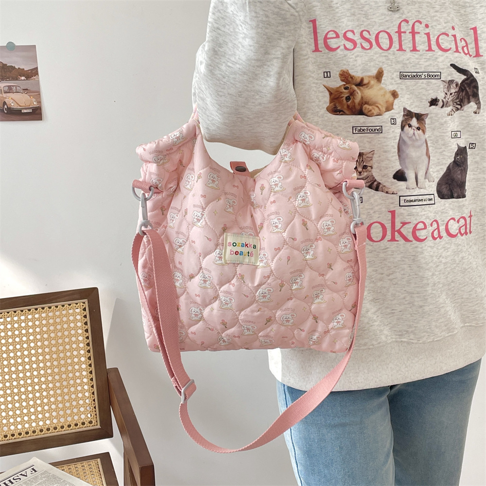 Mala de ombro acolchoada para mulher estilo coreano tote cartoon_voghion.com