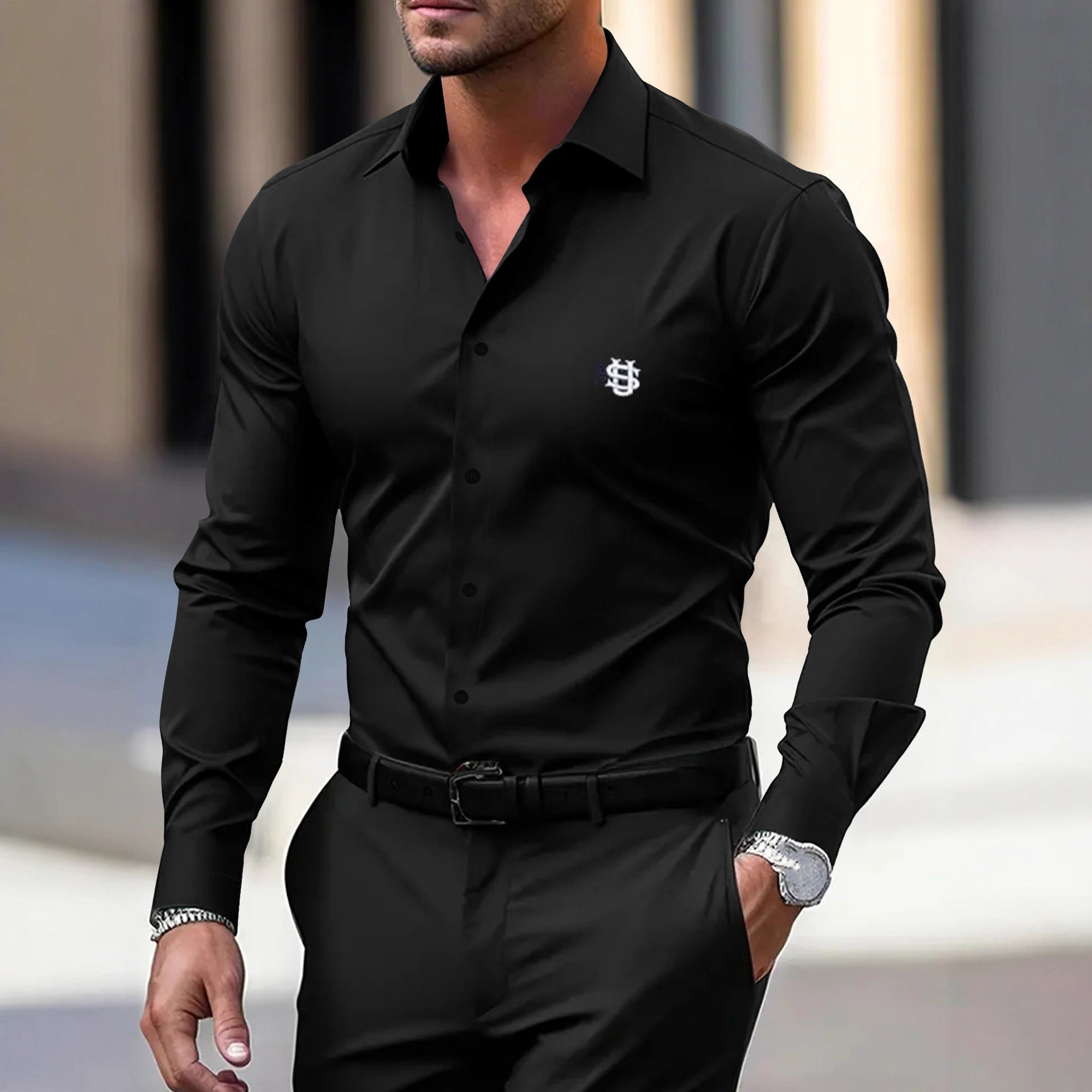 印花男士衬衫男式透气涤纶休闲衬衫职业装修身衬衣休闲百搭长袖