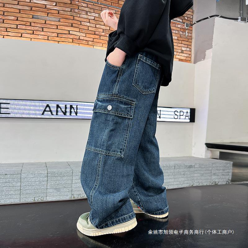 트렌디 브랜드 남성 빅 어린이 스트레이트 툴링 와이드 레그 청바지 가을 2024 새로운 어린이 겨울 기모 느슨한 바지