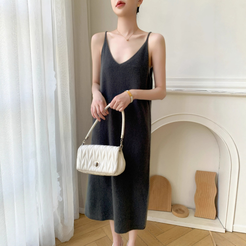 Strappy Mid-Length Cashmere Knit Slip Dress for Women, Fashionable Pullover, Versatile and Comfortable for Autumn and Winter