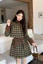 格子秋冬小香风新款厚外套连衣裙两件套毛呢时尚气质显瘦套装