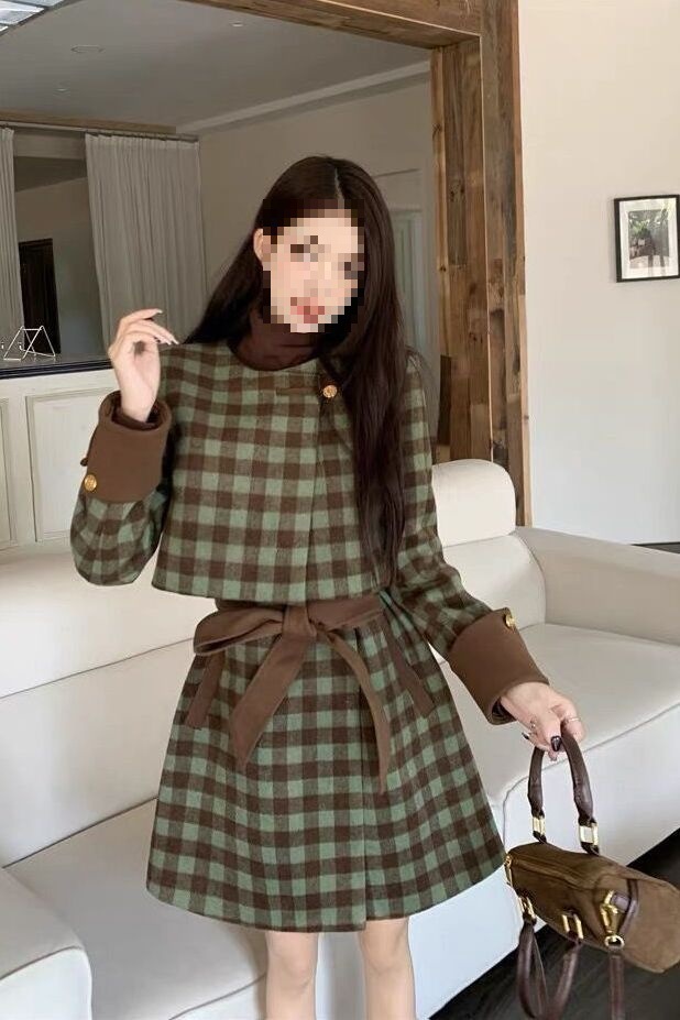格子秋冬小香风新款厚外套连衣裙两件套毛呢时尚气质显瘦套装