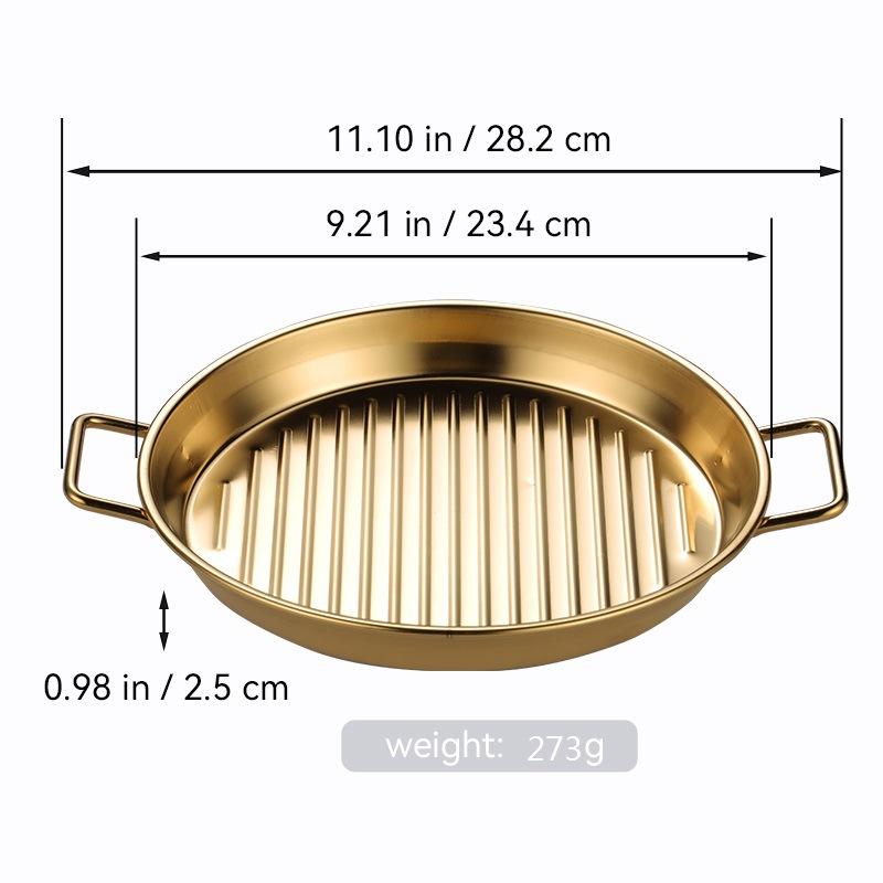 Bandeja redonda de barbacoa de acero inoxidable transfronteriza bandeja de mariscos de doble oreja dorada bandeja de filete bandeja de aperitivos filtrada bandeja de patatas fritas