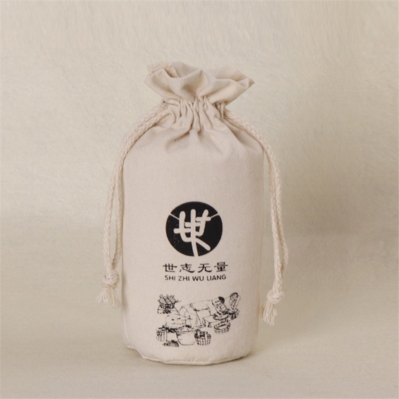 环保束口抽绳大米包装手提袋 白色印花棉布袋