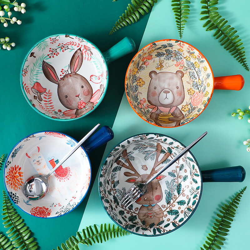 Dibujos animados mango tazón de cerámica personalidad tazón de fideos instantáneos con mango para hornear tazón de arroz horneado Internet celebridad animal vajilla de cerámica