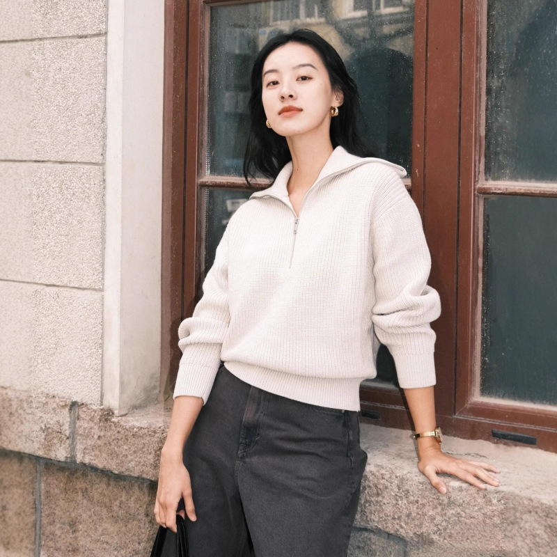 C Brand Loose-Fitting Half-Zip Knitted Women's Sweater 2025 New Style Lazy Style Wool Pullover Knitwear
