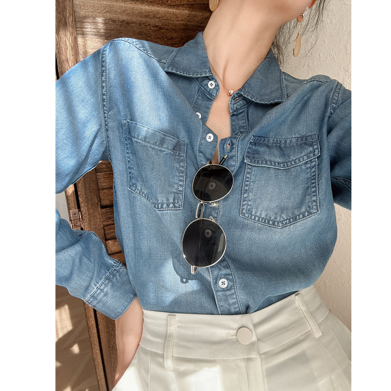 Early Autumn Soft and Lubricant Draped Tencel Denim Shirt Women's Stackable Loose Slimming Lapel Long Sleeve Shirt Early Autumn Soft and Lubricant Draped Tencel Denim Shirt Women's Stackable Loose Slimming Lapel Long Sleeve Shirt