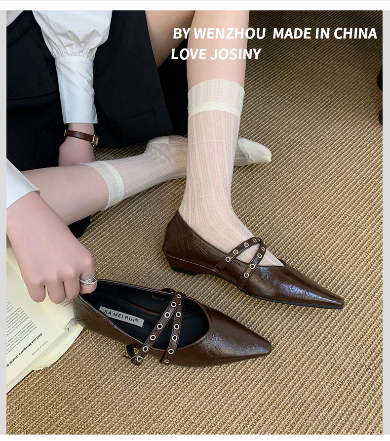 Wedge Heel Square Head Shallow Mouth Single Shoes Women's Rivets New French Retro Gentle Evening Breeze Mary Jane Doudou Women's Shoes_vogvips.com