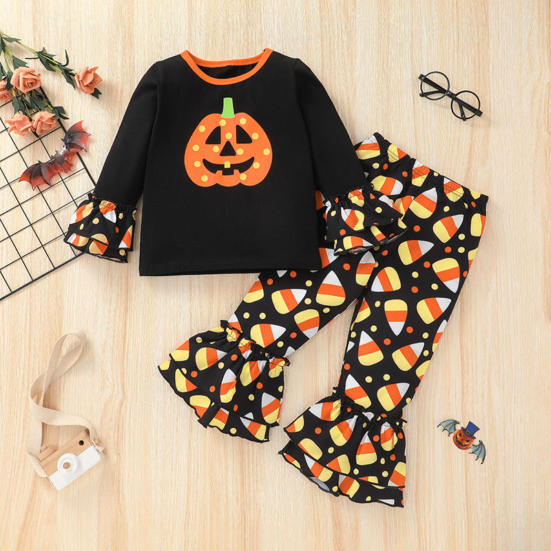 New Halloween Ghost Head T-shirt Trousers Two-piece Suit European And American Pumpkin Picture Striped Bell-bottom Pants Suit display picture 2