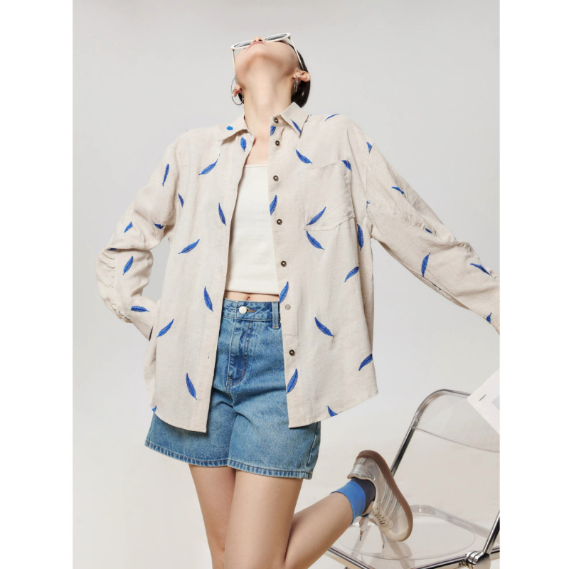 Blue Feather Embroidery Old Money Style Long-Sleeve Shirt for Women, 2026 New Model, Unique, Super Stylish, and Very Fairy-Like Top