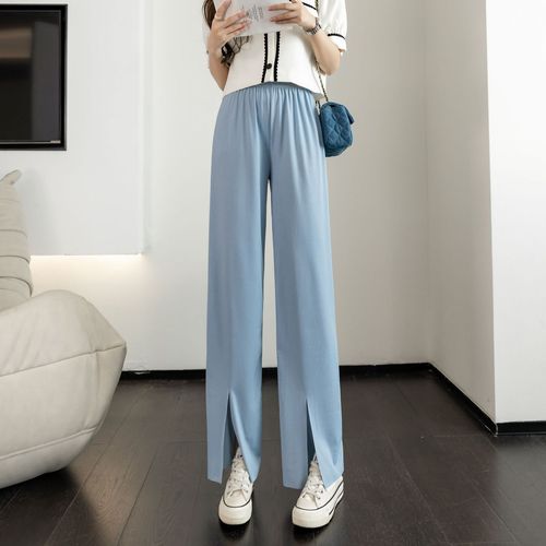 Front-split high-waist wide-leg summer thin version flowy slimming straight-leg pants for plus size casual floor-length pants