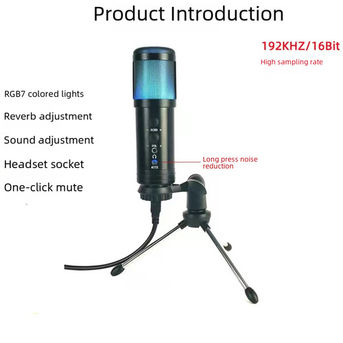 192K/16Bit USB Capacitor Microphone with RGB Lights, Includes Monitoring and Reverb, Compatible with Phones and Computers