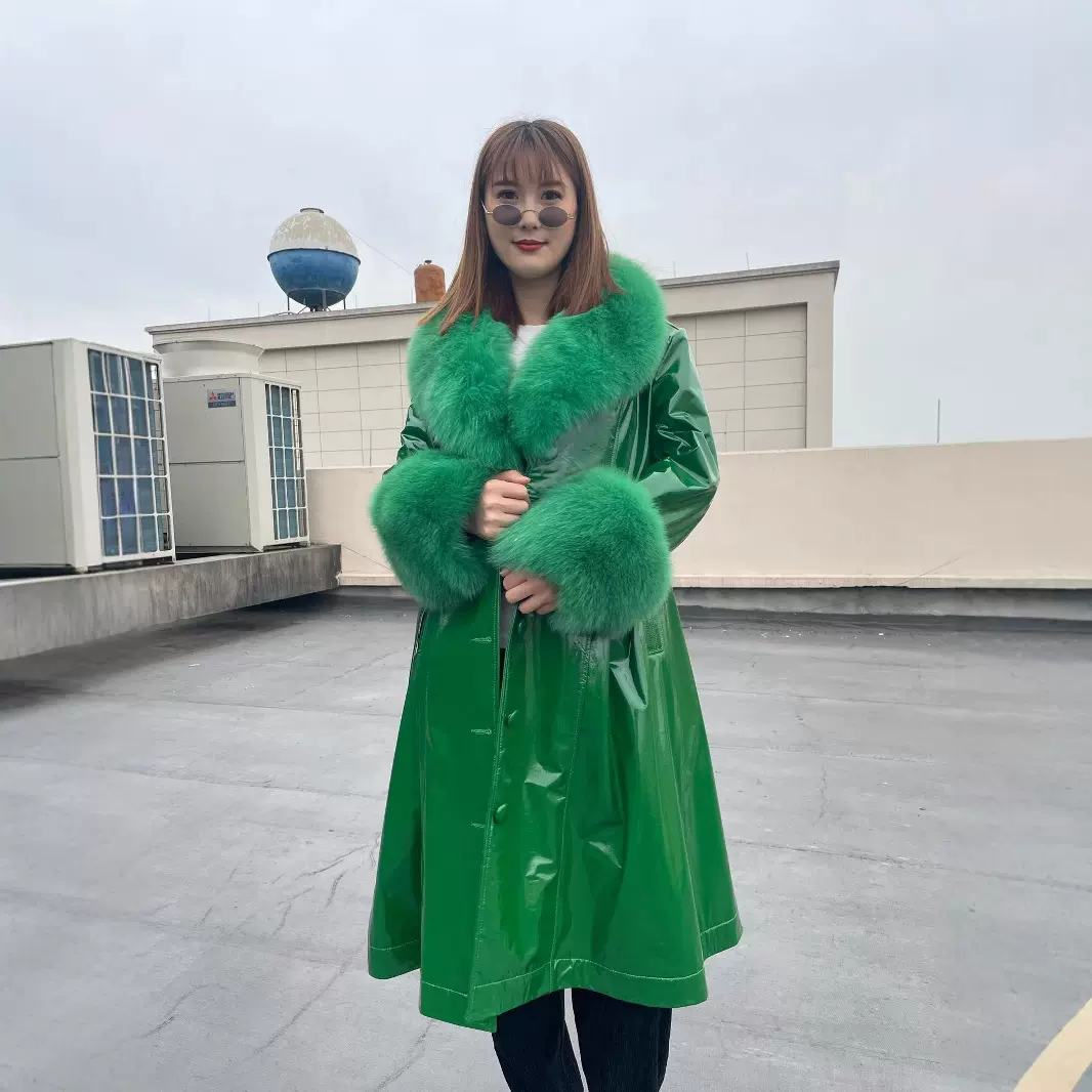 OEM 女士皮衣秋冬加长款大衣真皮狐狸毛领修身时尚韩版外套批发