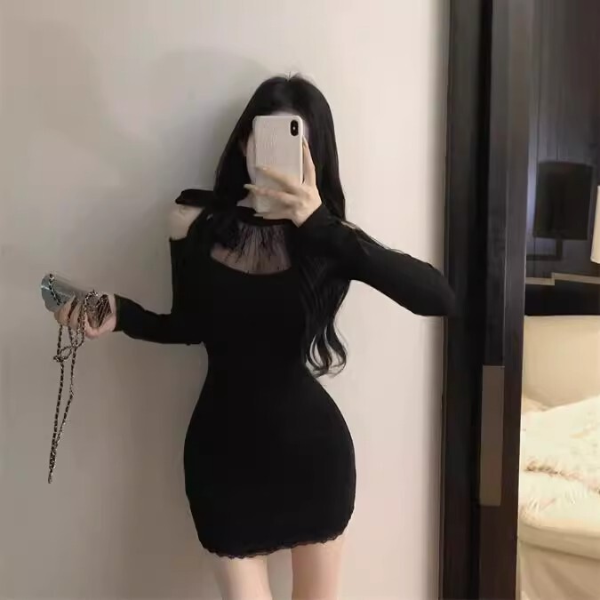 Black Dinner Sexy Lace Stitching Bow dress Women's Shoulder Skirt Birthday Party Dress