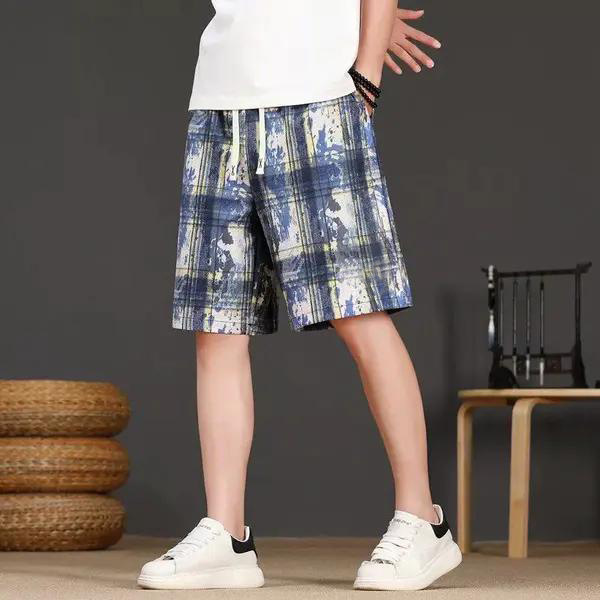 Men's Tie Dye Plaid Shorts High Street Trendy Summer Thin Casual Retro Style Loose Five Point Pants_viptrois.com