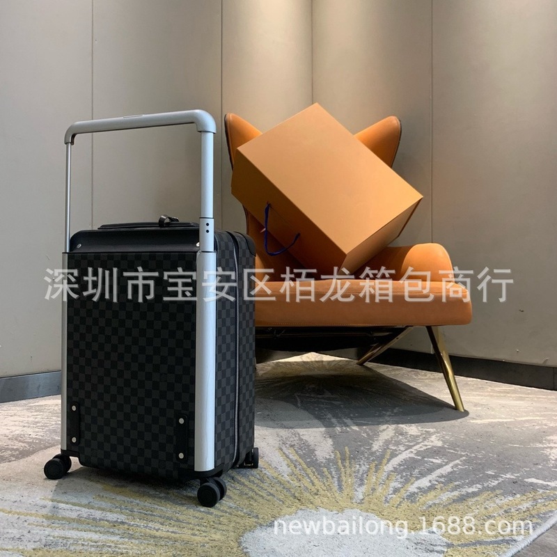 Classic Retro Old-Floral Wide-Handle Leather Suitcase Checkerboard Cowhide 20inch Carry-On Luggage European and American Retro Style