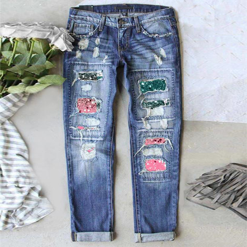 Europe and the United States 2022 new Amazon independent station wish cross-border street printing hole straight tube Denim pants women