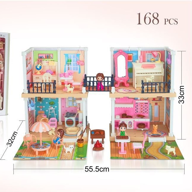 Children's Pretend Play Toy DIY Self-Assembled 2-Story Villa Scene Double-Story Scene Cabin Boys and Girls Educational Toy