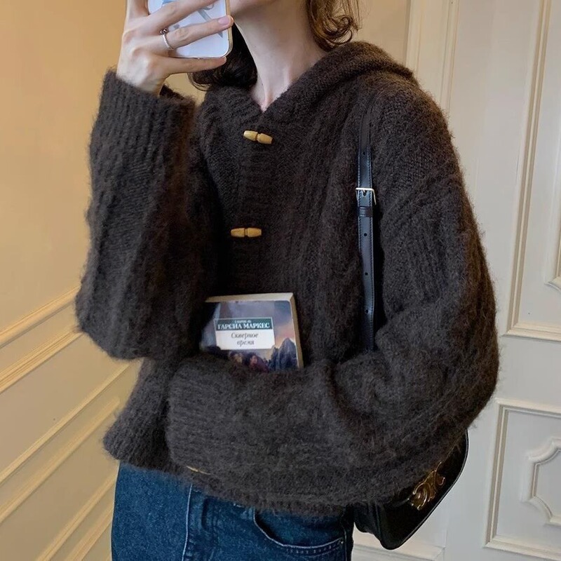 European and American style hoodie White Bear chocolate soft glutinous alpaca wool lazy style sweater twist horn buckle knitted cardigan