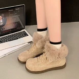 Winter warm non‑slip platform boots, khaki, faux‑fur cuff, sizes 35–40