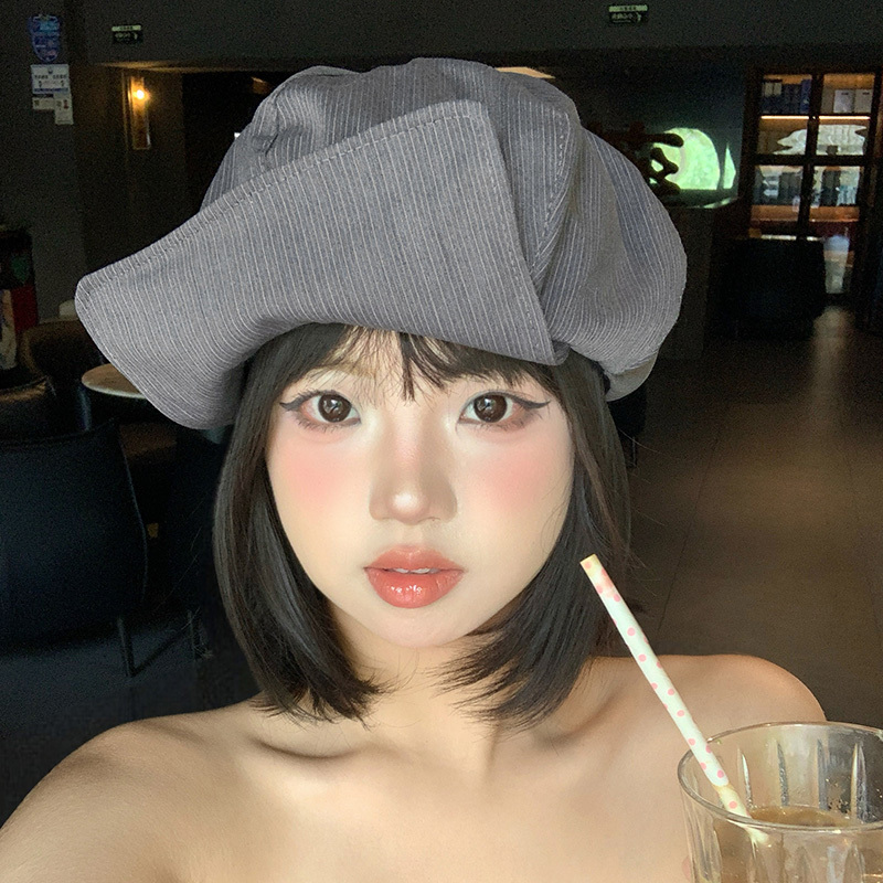 日系复古条纹翻檐贝雷帽女夏季显脸小八角帽大头围灰色帽子画家帽|undefined