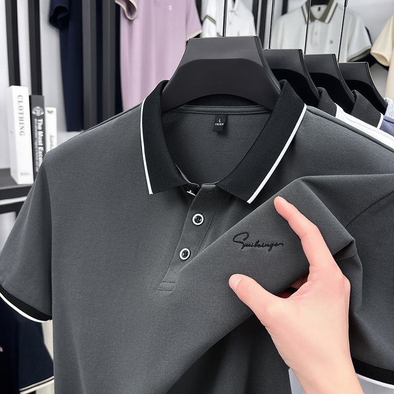 Camiseta de polo de verano de perlas frescas de hombre camiseta de manga corta de negocios de mediana edad casuales de papás con collar top bordado
