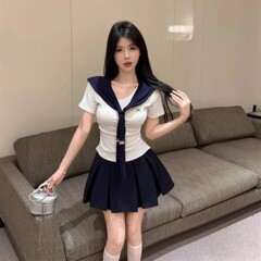 纯欲甜辣妹套装学院风设计感海军领修身上衣女夏百褶半身裙两件套