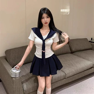 纯欲甜辣妹套装学院风设计感海军领修身上衣女夏百褶半身裙两件套