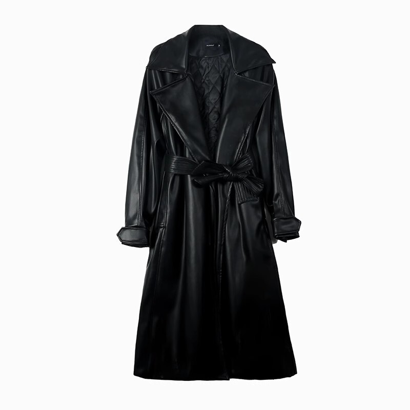 High-end coat imitation leather trench coat women's mid-length high-end spring and autumn 2024 new Korean-style loose lace-up over the knee High-end coat imitation leather trench coat women's mid-length high-end spring and autumn 2024 new Korean-style loose lace-up over the knee