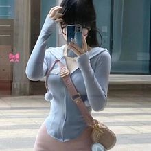 辣妹时尚套装收腰连帽上衣女春秋蓝色上衣包臀短裙修身显瘦两件套