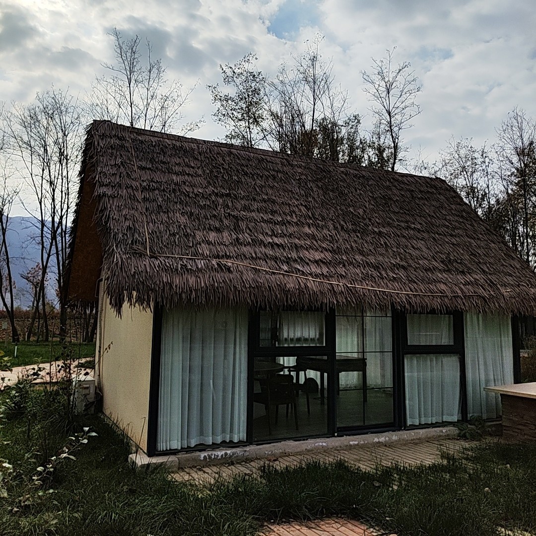 Casa de familia con techo de paja decoración de simulación al aire libre casa de madera de césped artificial fabricante escénico celebridad de Internet estructura de acero retro granja