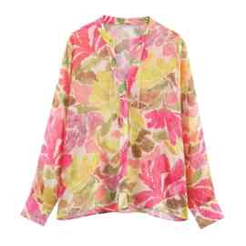 ZA跨境欧美外贸女装速卖通爆款夏季宽松百搭粉黄水彩花卉印花衬衫