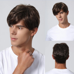 Factory spot wig men's oblique bangs short straight hair golden brown men's hair short hair chemical fiber headgear a generation of hair