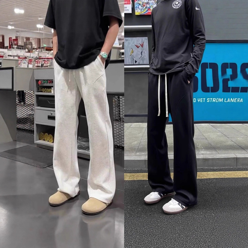 White Floral Gray Straight-Leg Curved Sweatpants for Men, Autumn and Winter Fleece-Lined Drape Sports Pants, American-Style Slanted Casual Flared Pants