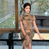 Chinese style young style Chinese style printed split open cheongsam dress improved by famous ladies