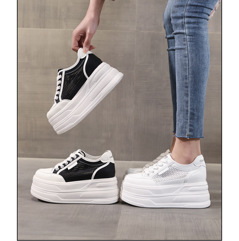 Giày sneaker nữ đế dày tăng chiều cao, mặt lưới thoáng khí, phong cách bánh xốp — Màu đen chi tiết 20